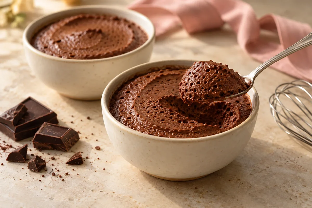 Deux petites coupes de mousse au chocolat et à l’eau, une cuillerée aérée et un ruban rose en arrière-plan