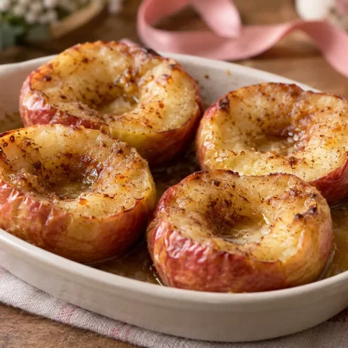 Quatre demi-pommes rôties à l’Air Fryer, dorées au beurre, à la cassonade et à la cannelle dans un petit plat