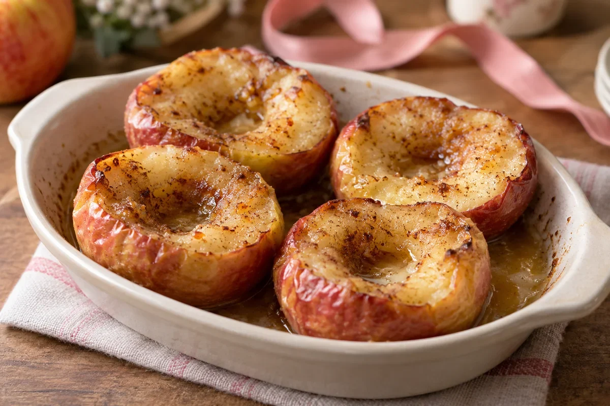 Quatre demi-pommes rôties à l’Air Fryer, dorées au beurre, à la cassonade et à la cannelle dans un petit plat